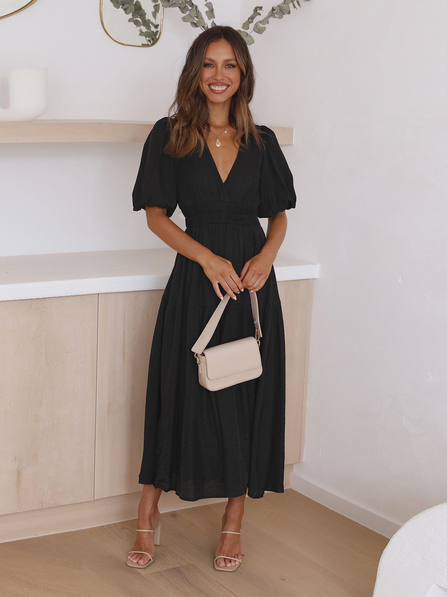 Noelle | Women's Midi Dress with V-Neck and Puff Sleeves Featuring Smocked Waist