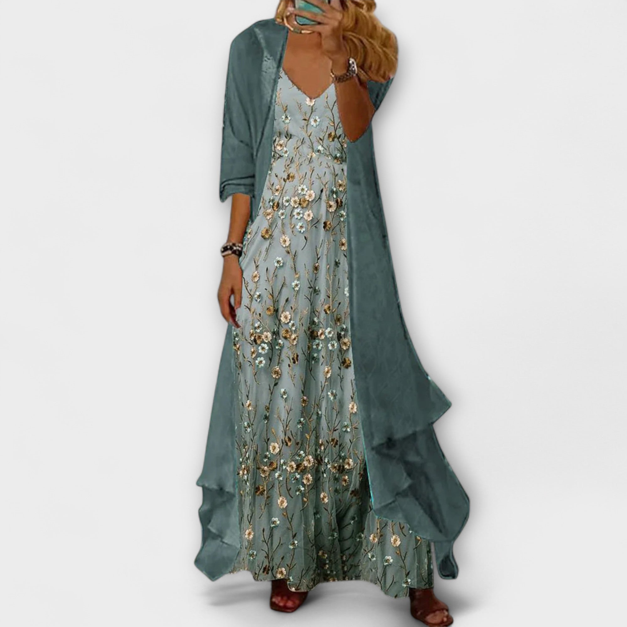 Willow | Women's Floral Maxi Dress & Longline Cardigan Ensemble