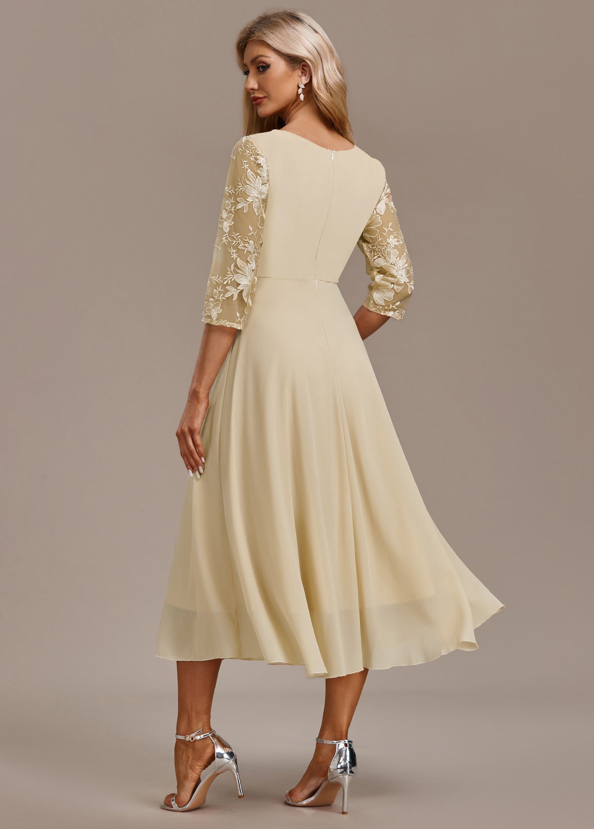 Karla™ | Champagne Floral 3/4 Sleeve Round Neck Dress