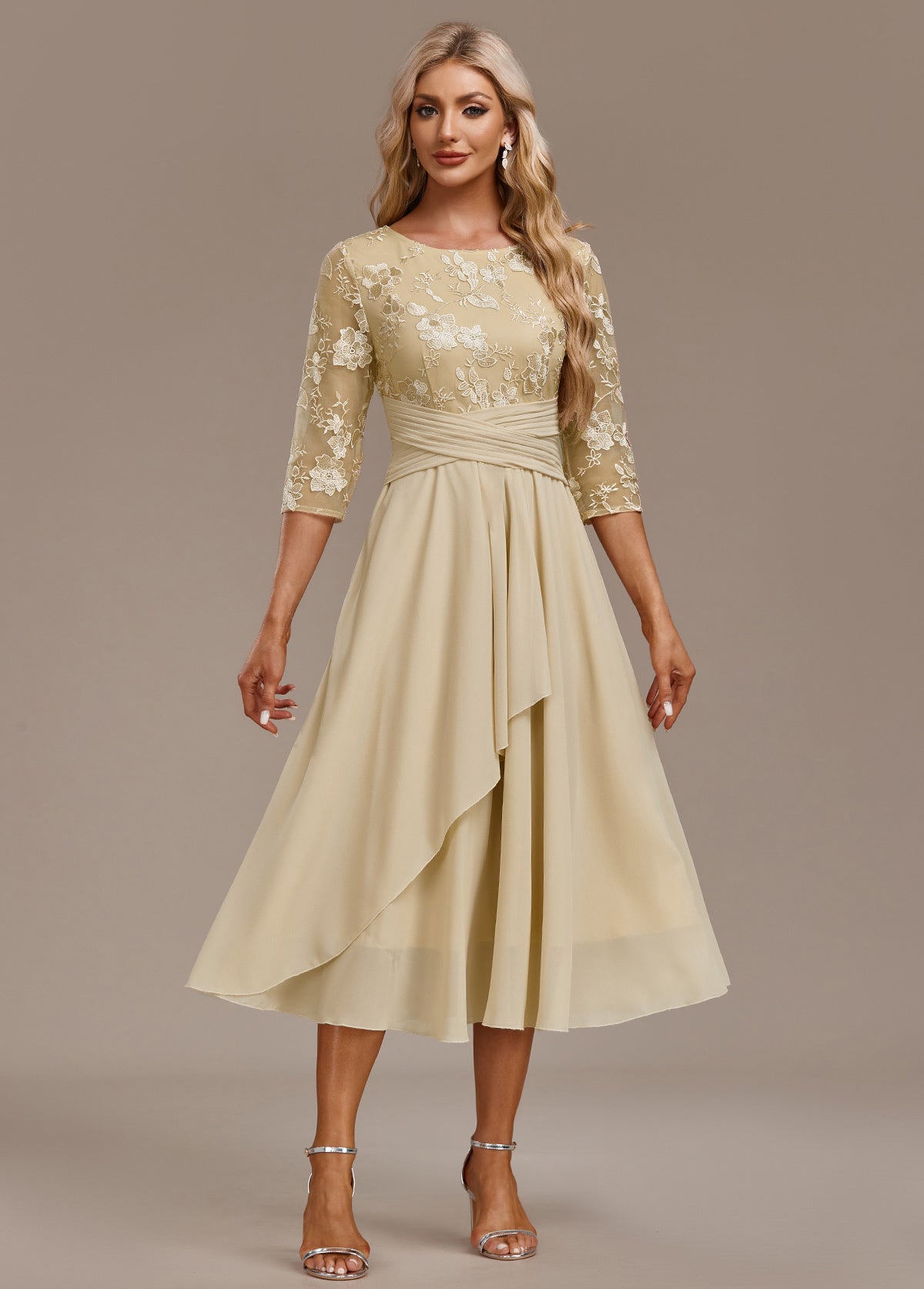 Karla™ | Champagne Floral 3/4 Sleeve Round Neck Dress