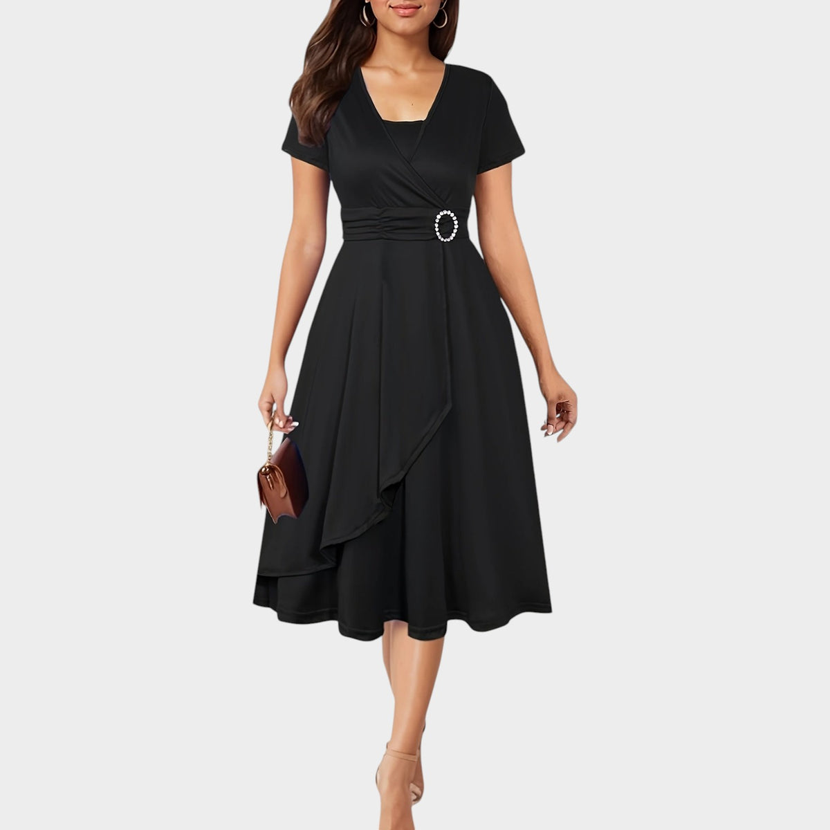 Women’s Wrap Midi Dress with Short Sleeves and Rhinestone Waist Detail