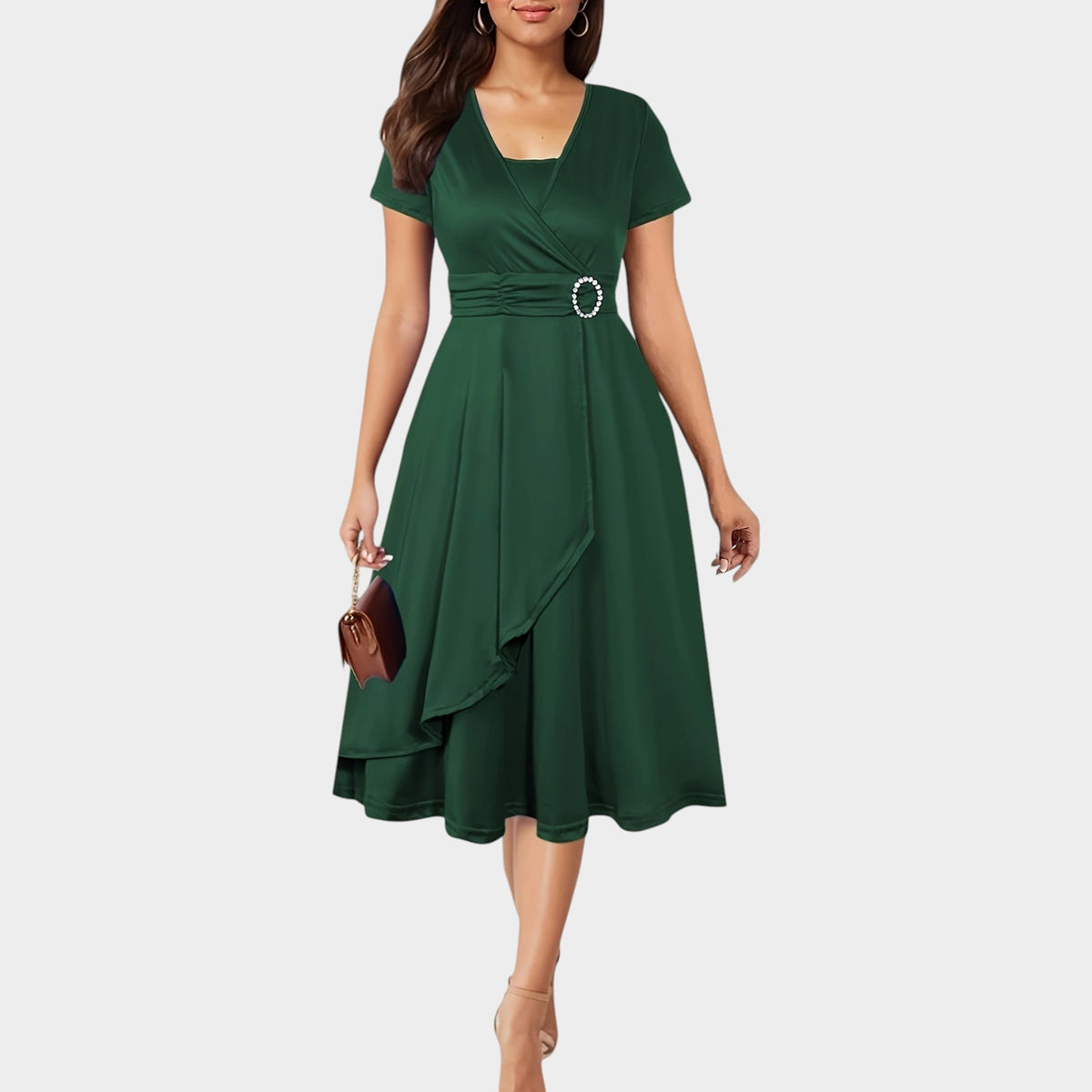 Women’s Wrap Midi Dress with Short Sleeves and Rhinestone Waist Detail