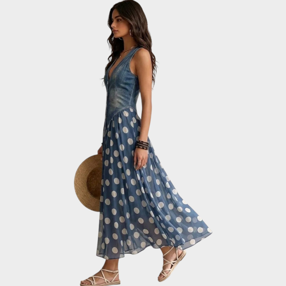 Women's Denim Maxi Dress with Polka Dot Print