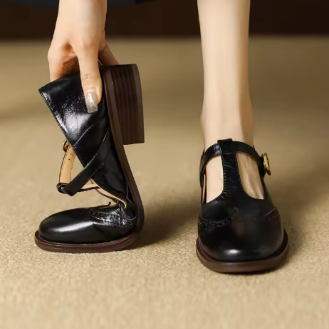 Nadine | Women's Leather T-Strap Mary Jane Shoes with Low Block Heel