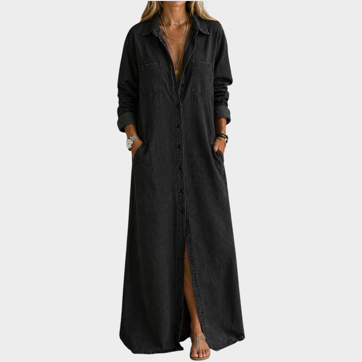Women's Denim Maxi Dress Button Down Collared