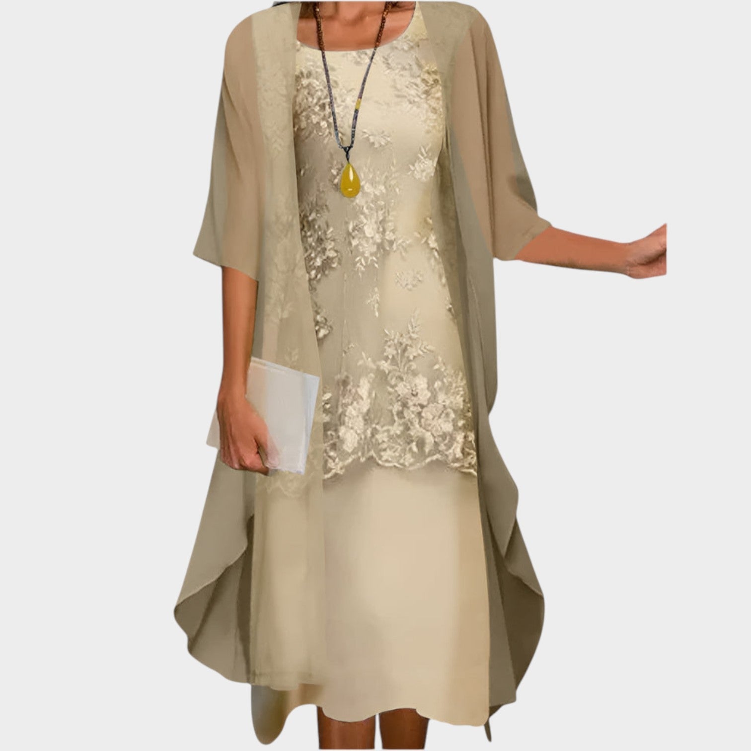 Lace Overlay Wedding Guest Midi Dress with Chiffon Jacket