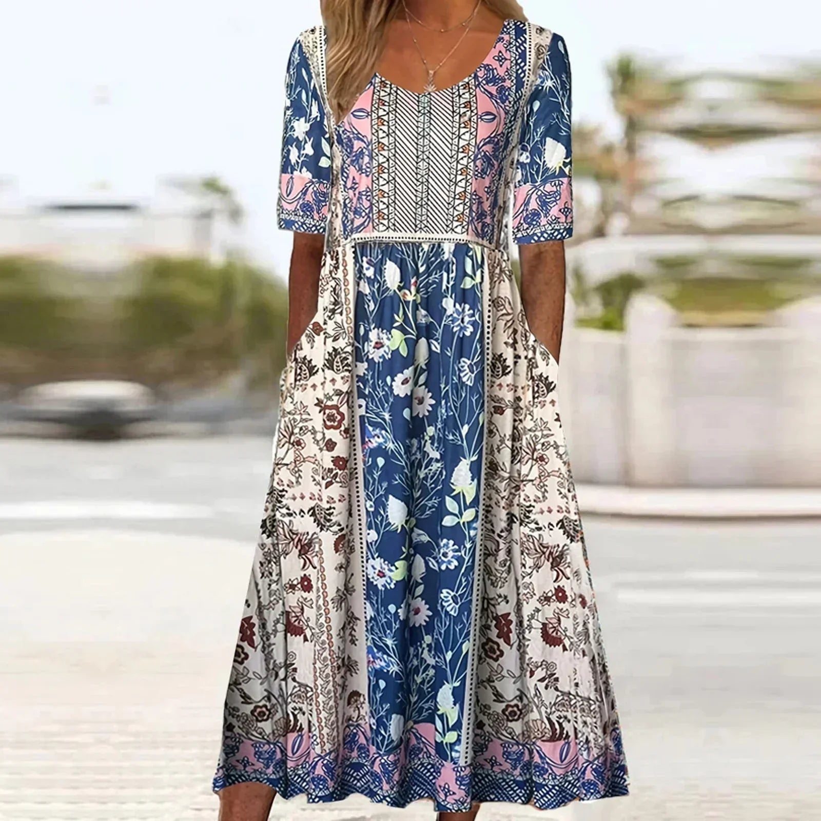 Janine™ Bohemian Print Dress with Round Neck