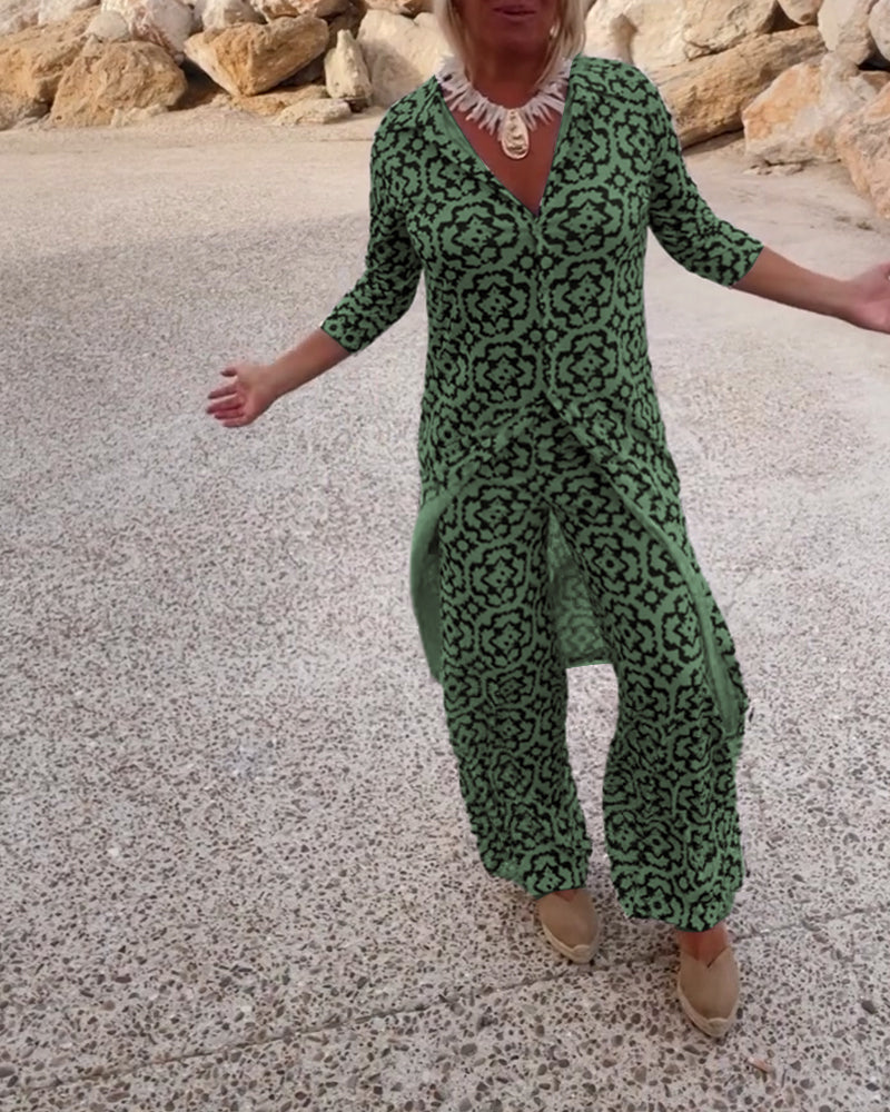 Mosa | Women's Longline Printed Shirt & Straight-Leg Pants Set