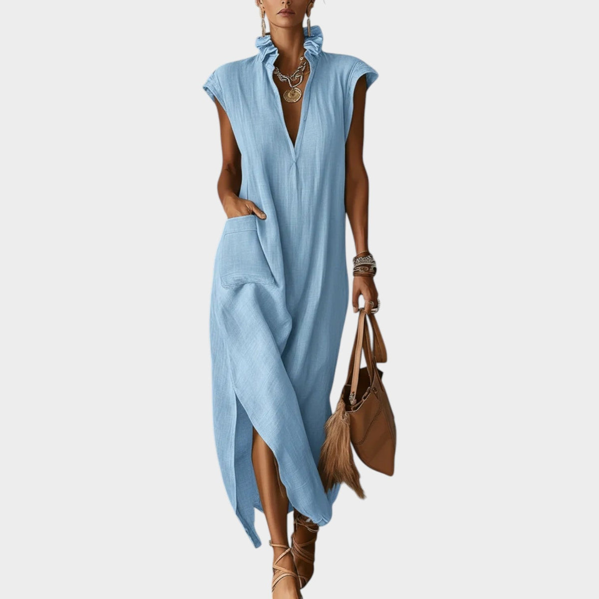 Women's Ruffled Collar Midi Dress Cap Sleeves V Neck
