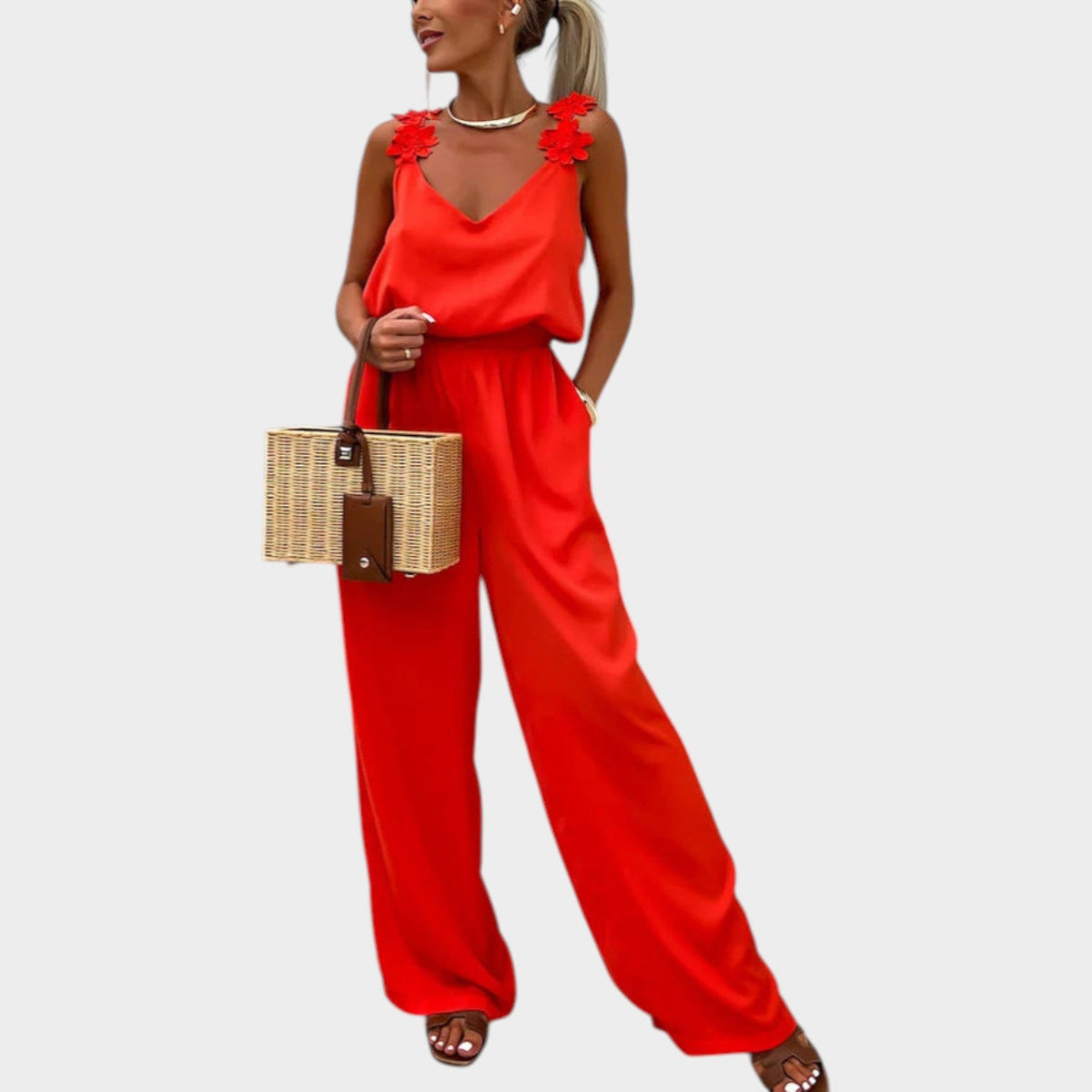 Women's Floral Strap Wide-Leg Jumpsuit