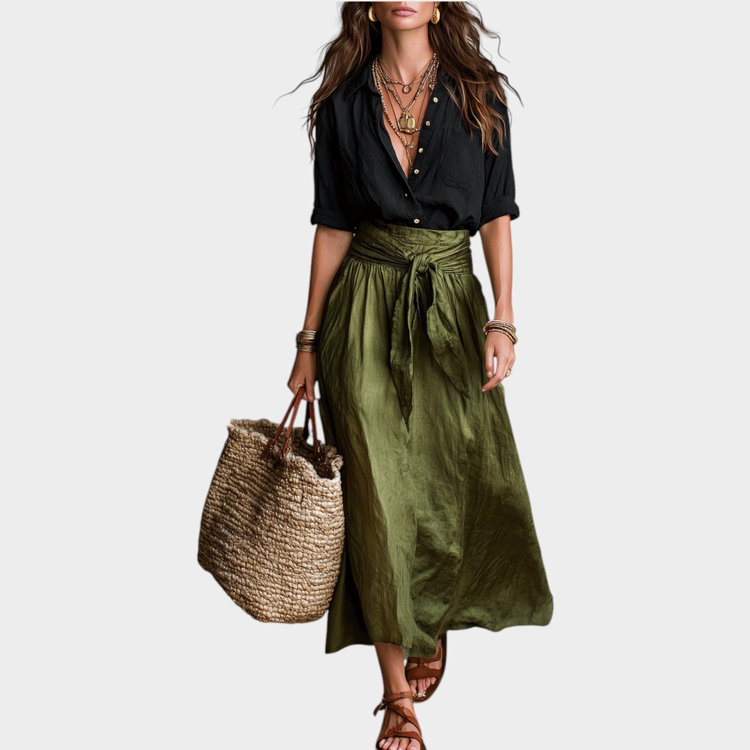 Linen Boho Two Piece Set Button Shirt & Maxi Skirt