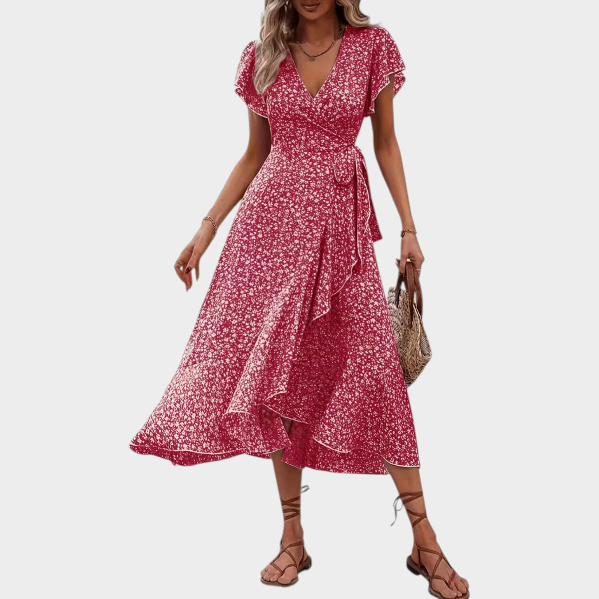 Women’s Floral Wrap Midi Dress with V-Neckline Short Sleeves