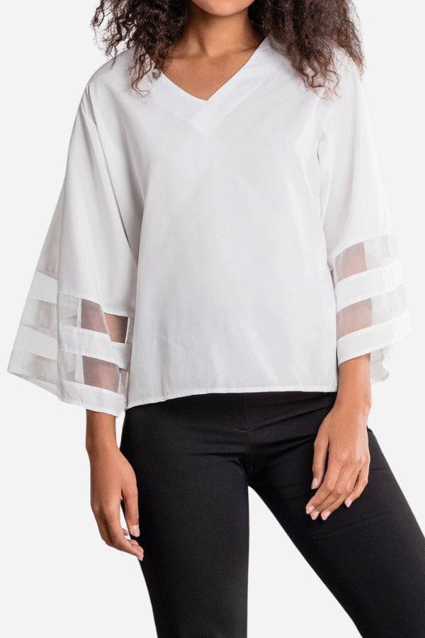 Celeste | Women's V-Neck Blouse with Bell Sleeves and Mesh Panel Accents