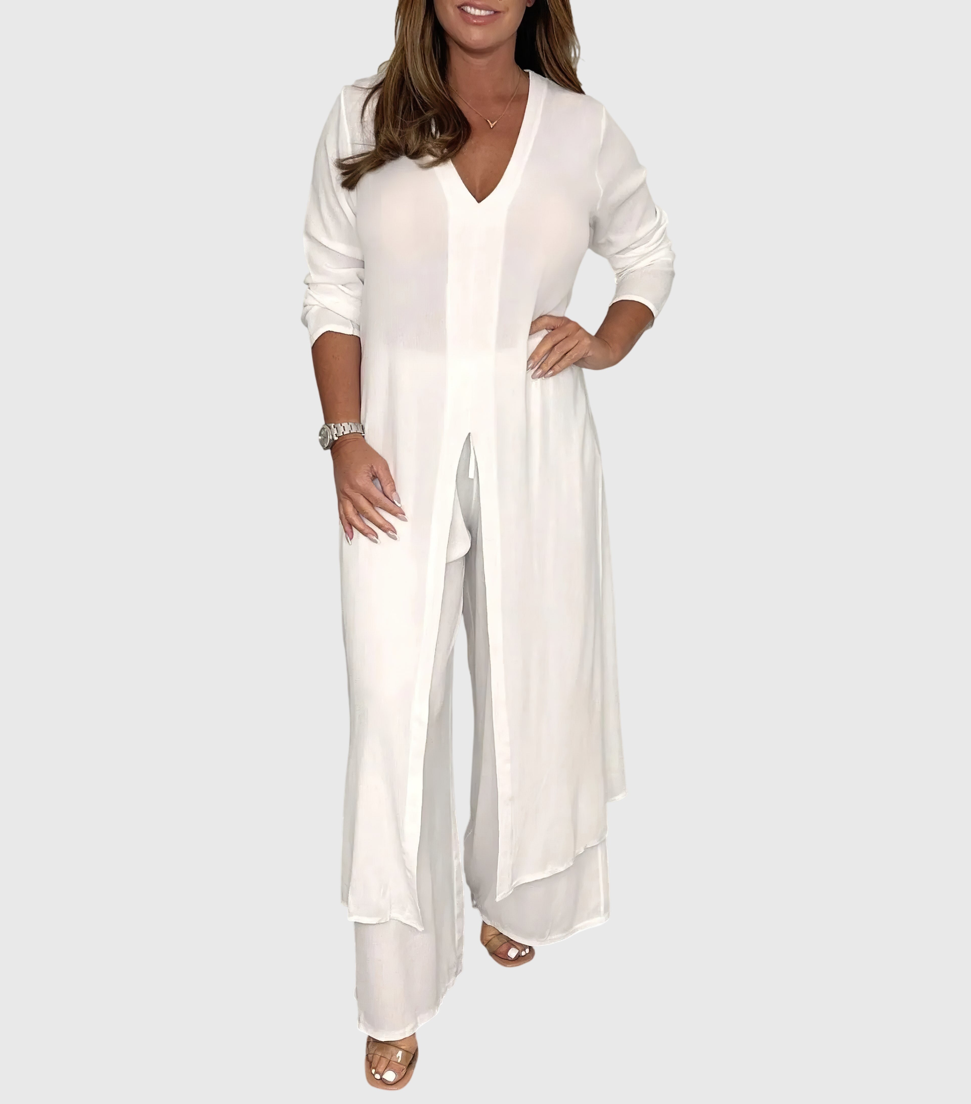 Pearl | Women's Two-Piece Duster Cardigan and Wide Leg Pants Set