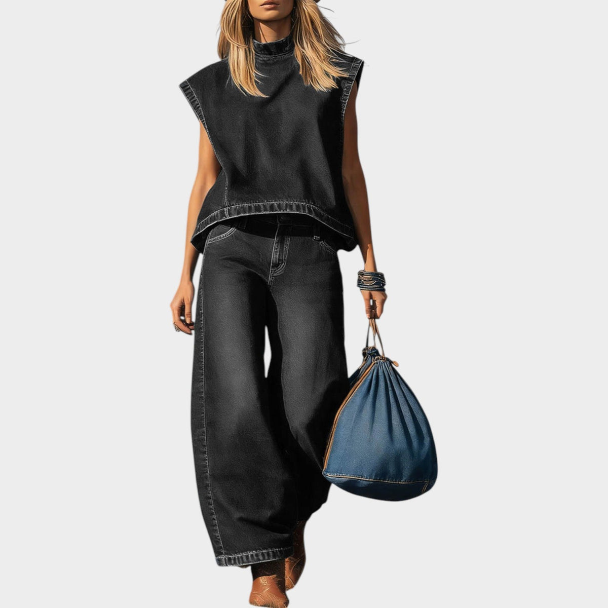 Women's Denim Sleeveless Two Piece Matching Set