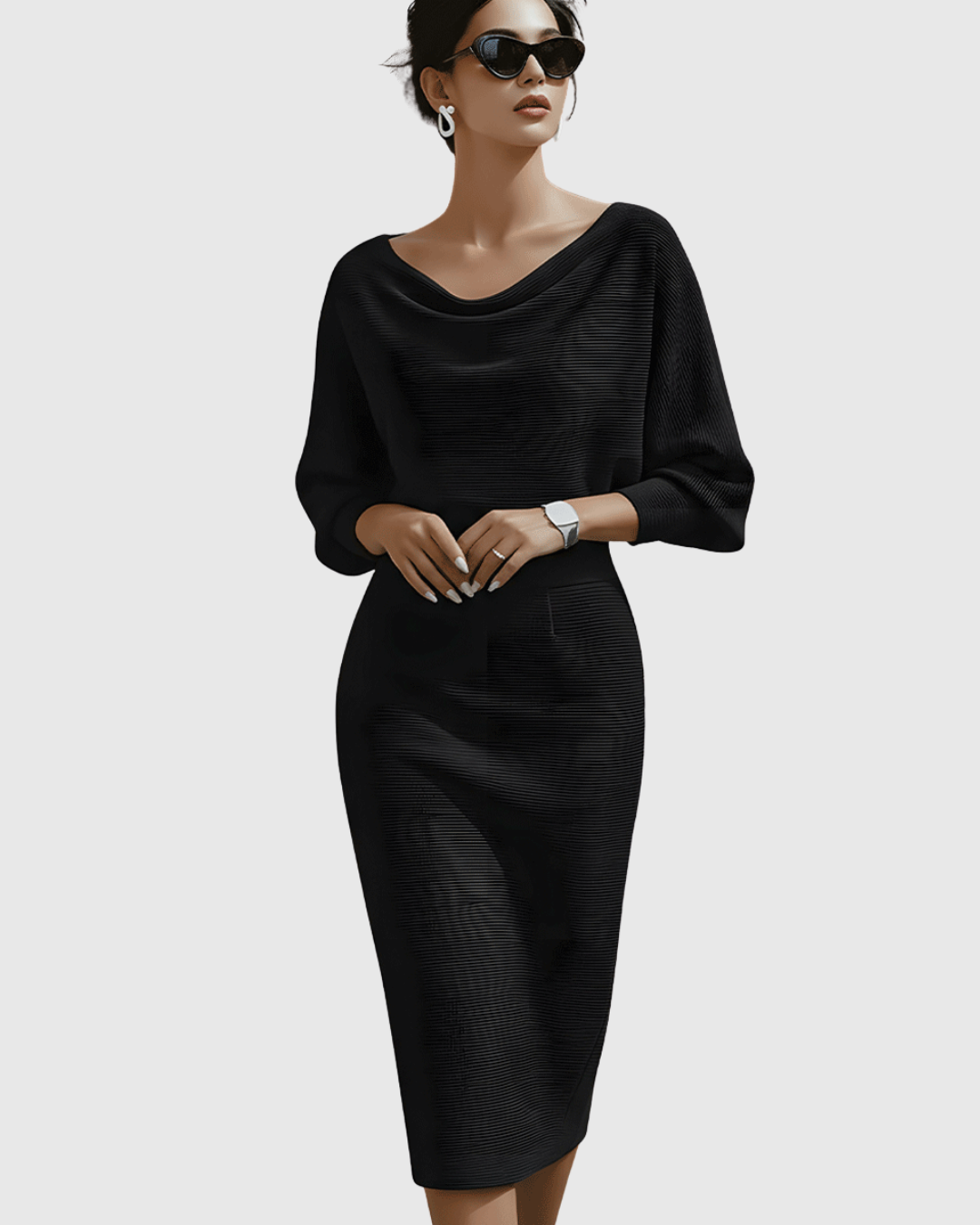 Vivienne | Women's Ribbed Midi Dress with Cowl Neck and Batwing Sleeves