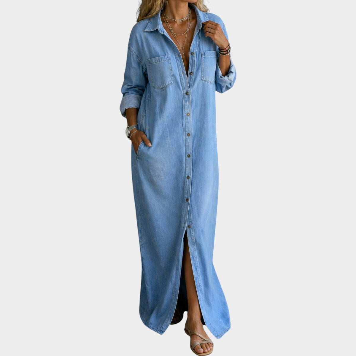 Women's Denim Maxi Dress Button Down Collared