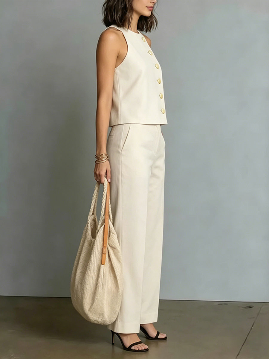 Button Detail Halter Top & Wide-Leg Pants Set