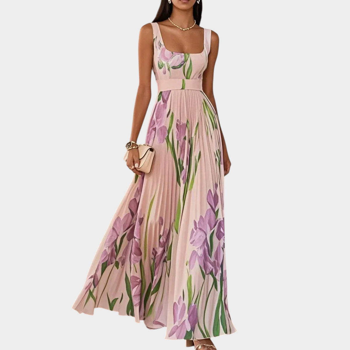 Women’s Pleated Maxi Dress Floral Print Square Neck Sleeveless