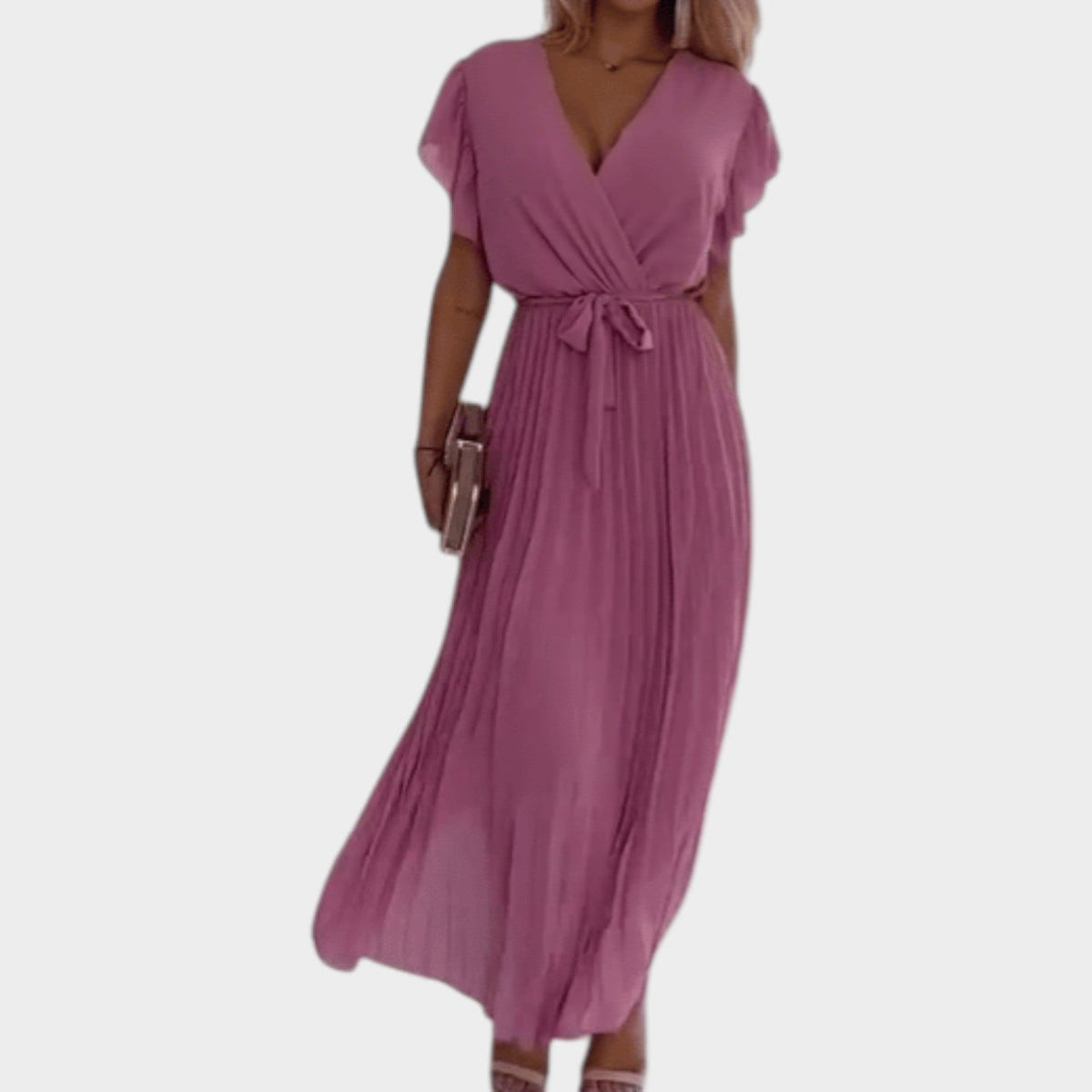 Women's Maxi Dress Pleated V-Neck