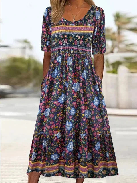 Janine™ Bohemian Print Dress with Round Neck