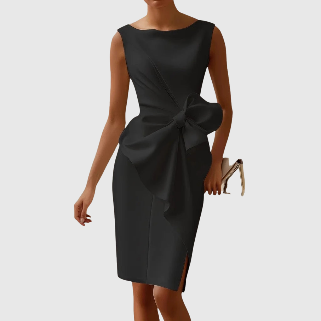 Eloise | Women's Sleeveless Midi Dress with Boat Neck and Bow Accent