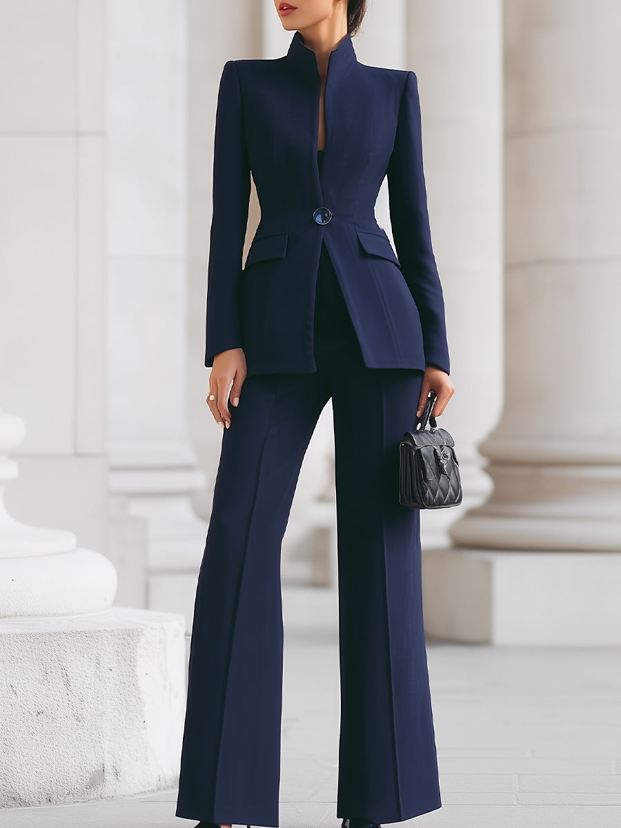 Celeste | Women's Blazer with Stand Collar & Wide Leg Pants Suit Ensemble