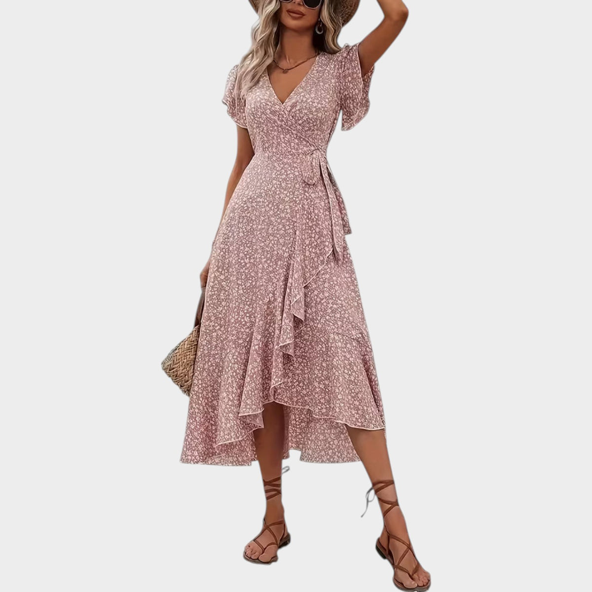 Women’s Floral Wrap Midi Dress with V-Neckline Short Sleeves