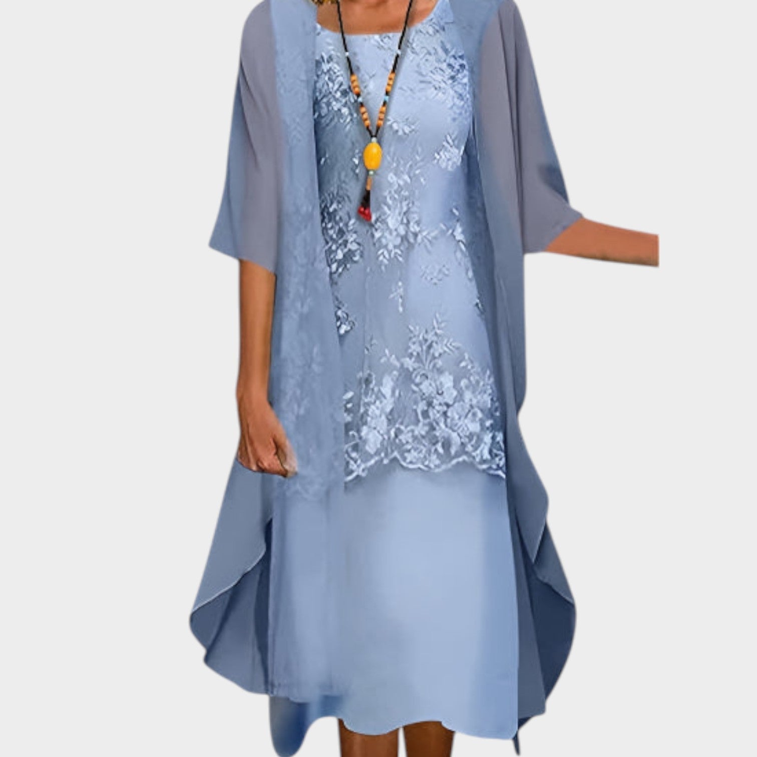 Lace Overlay Wedding Guest Midi Dress with Chiffon Jacket