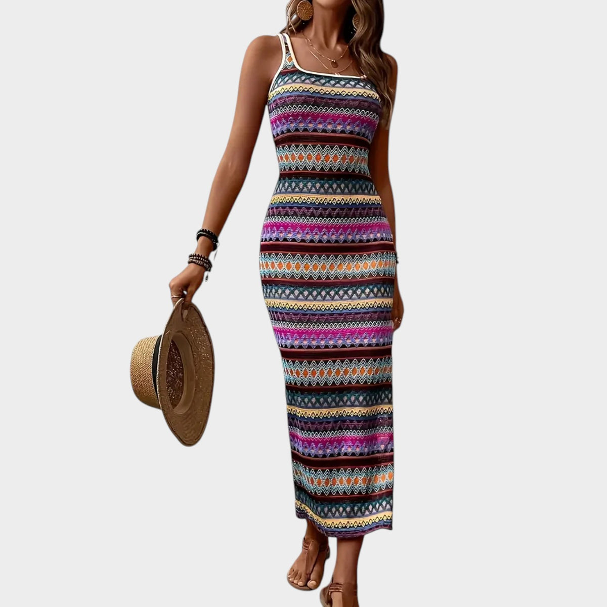Women’s Striped Midi Dress with Square Neck and Side Slit