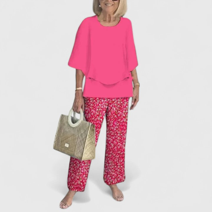 Fern | Women's Floral Print Casual Top and Wide-Leg Pants Ensemble