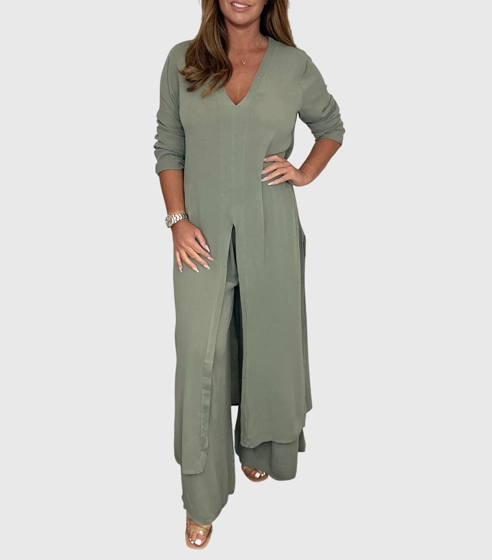 Pearl | Women's Two-Piece Duster Cardigan and Wide Leg Pants Set