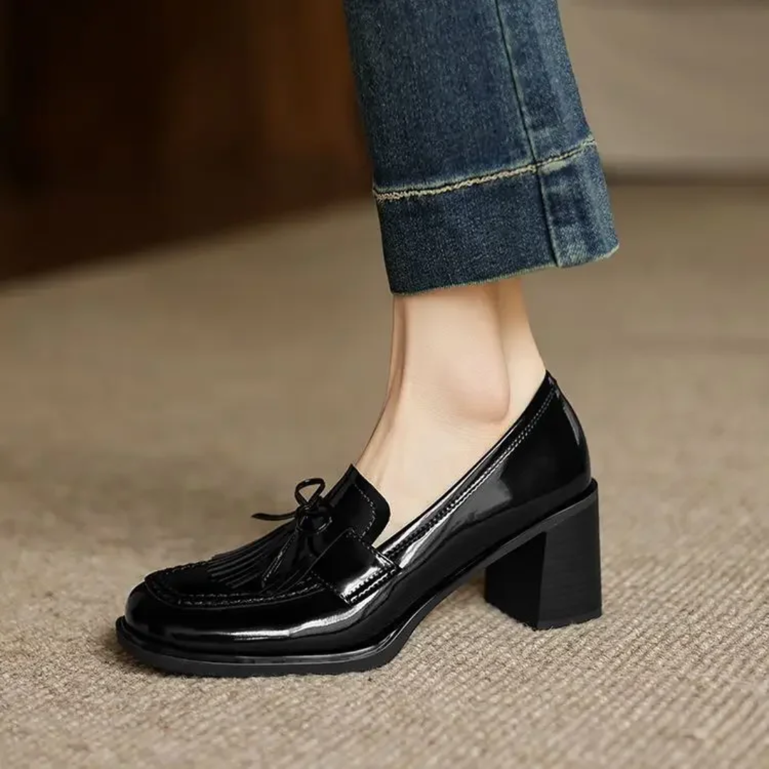 Vivienne | Women's Block Heel Tassel Loafer Pumps with Round Toe