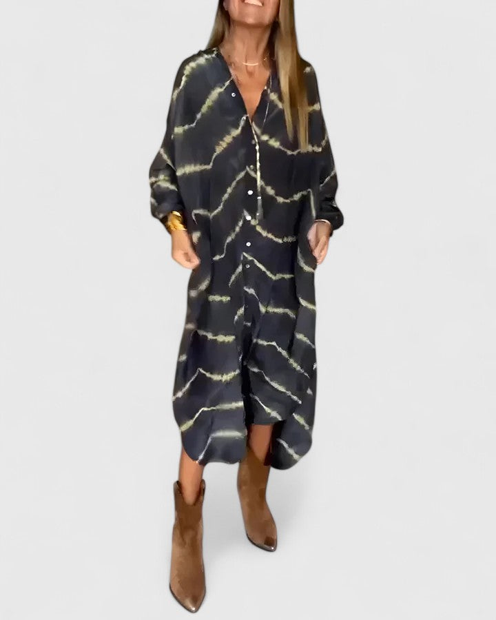 Nova | Women's Midi Shirt Dress with Tie-Dye Print and Button-Down Design
