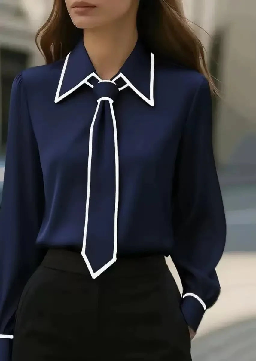 Vivian | Women's Long Sleeve Blouse with Tie Neck and Contrast Collar