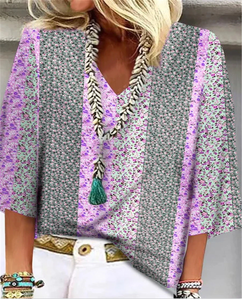 Mosaic Women's V-Neck 3/4 Sleeve Top in Ditsy Floral Patchwork