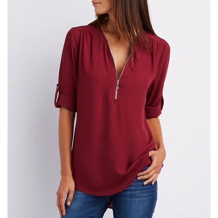 Rosé | Women's Casual Zip-Up V-Neck Blouse with Half Sleeves