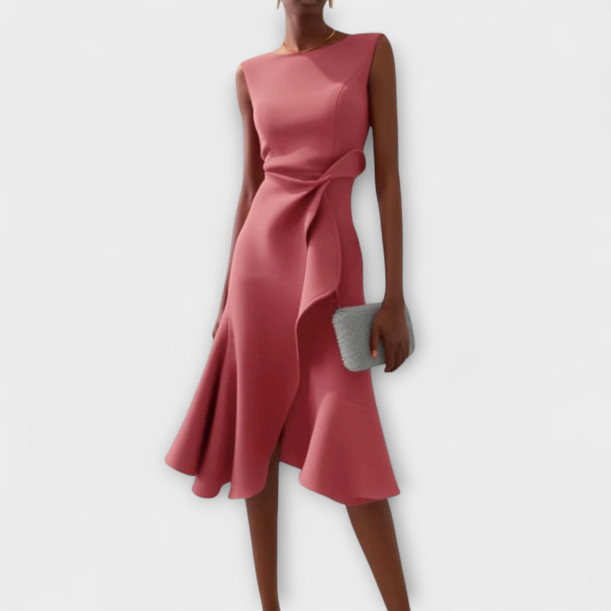 Women's Sleeveless Wedding Guest Midi Dress with Ruffle Hem