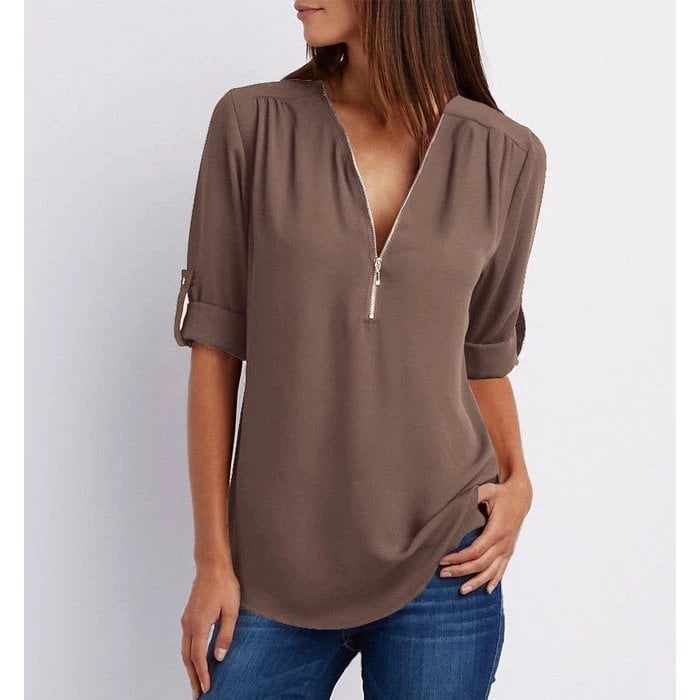 Rosé | Women's Casual Zip-Up V-Neck Blouse with Half Sleeves