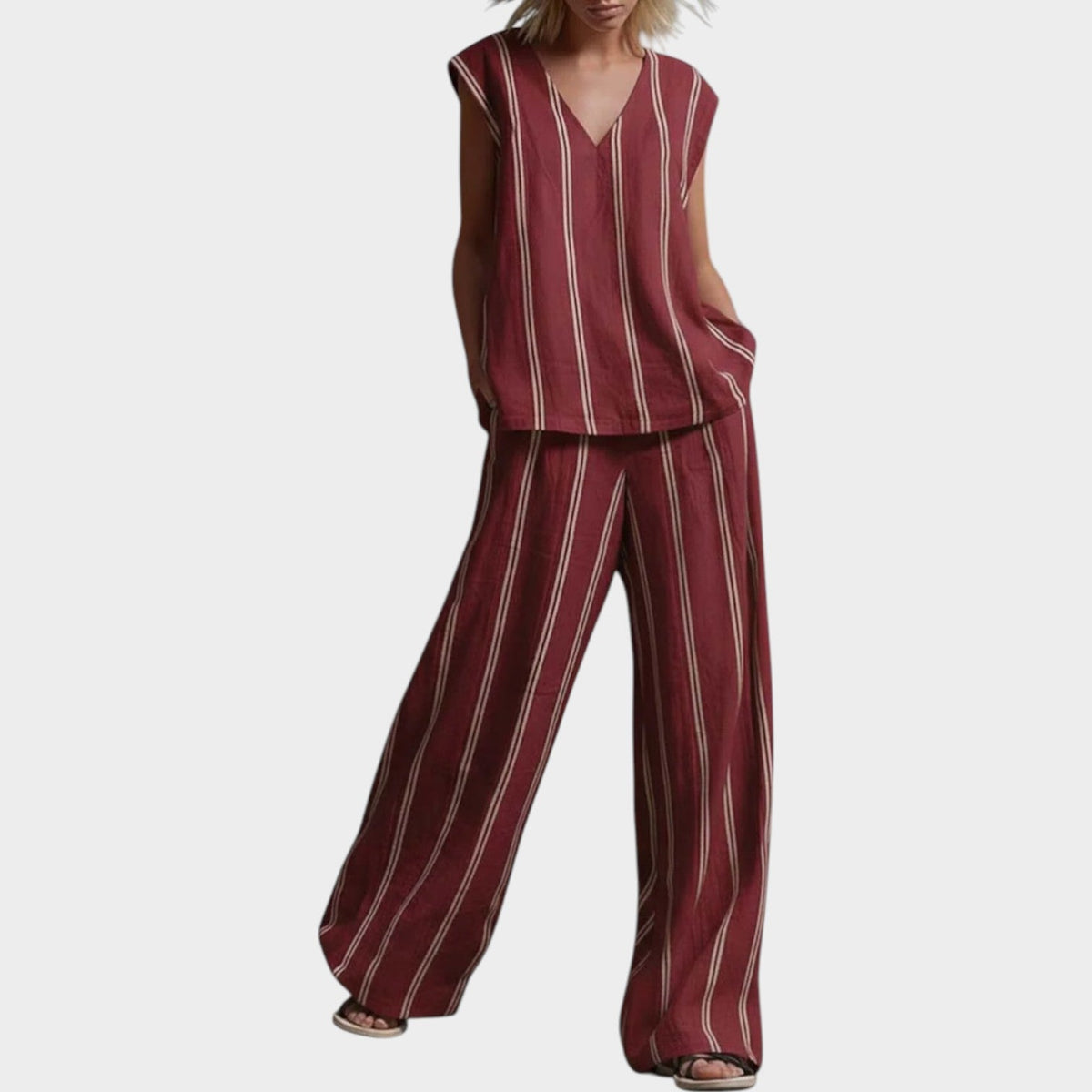 Women's Matching Set Linen Striped Two Piece