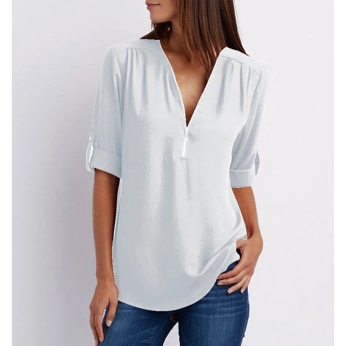 Rosé | Women's Casual Half Sleeve V-Neck Zip-Up Blouse