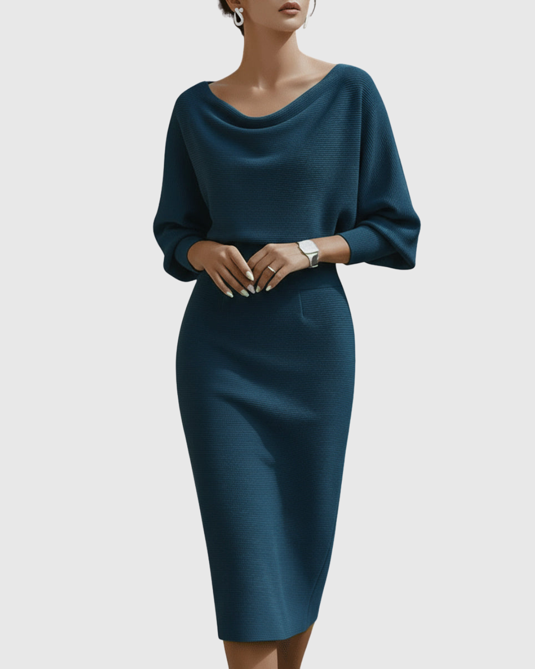 Vivienne | Women's Ribbed Midi Dress with Cowl Neck and Batwing Sleeves