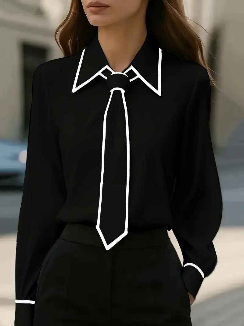 Vivian | Women's Long Sleeve Blouse with Tie Neck and Contrast Collar