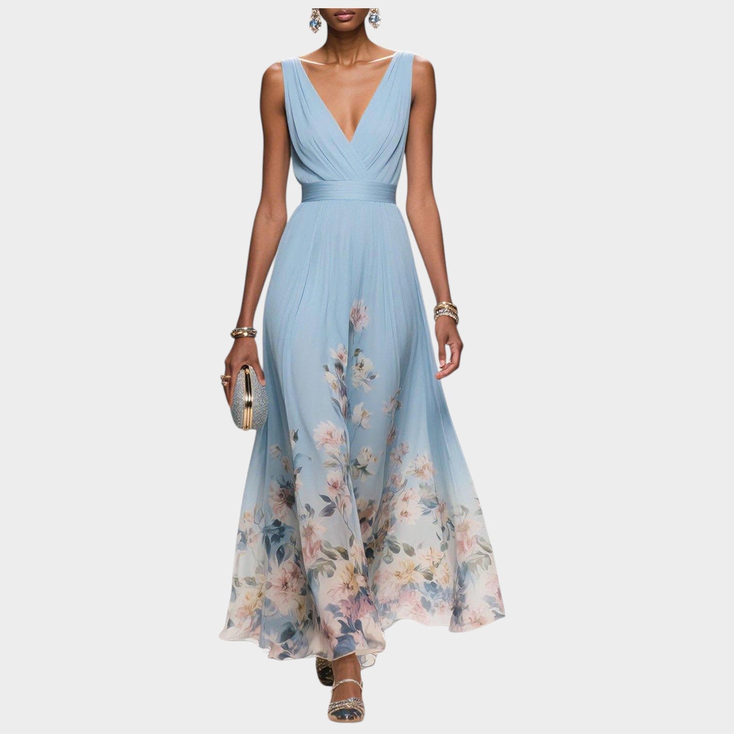 V Neck Floral Wedding Guest Maxi Dress