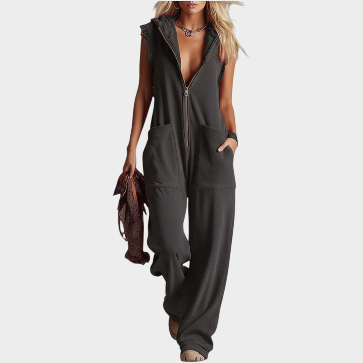 Women's Sleeveless Hooded Zip-Up Jumpsuit