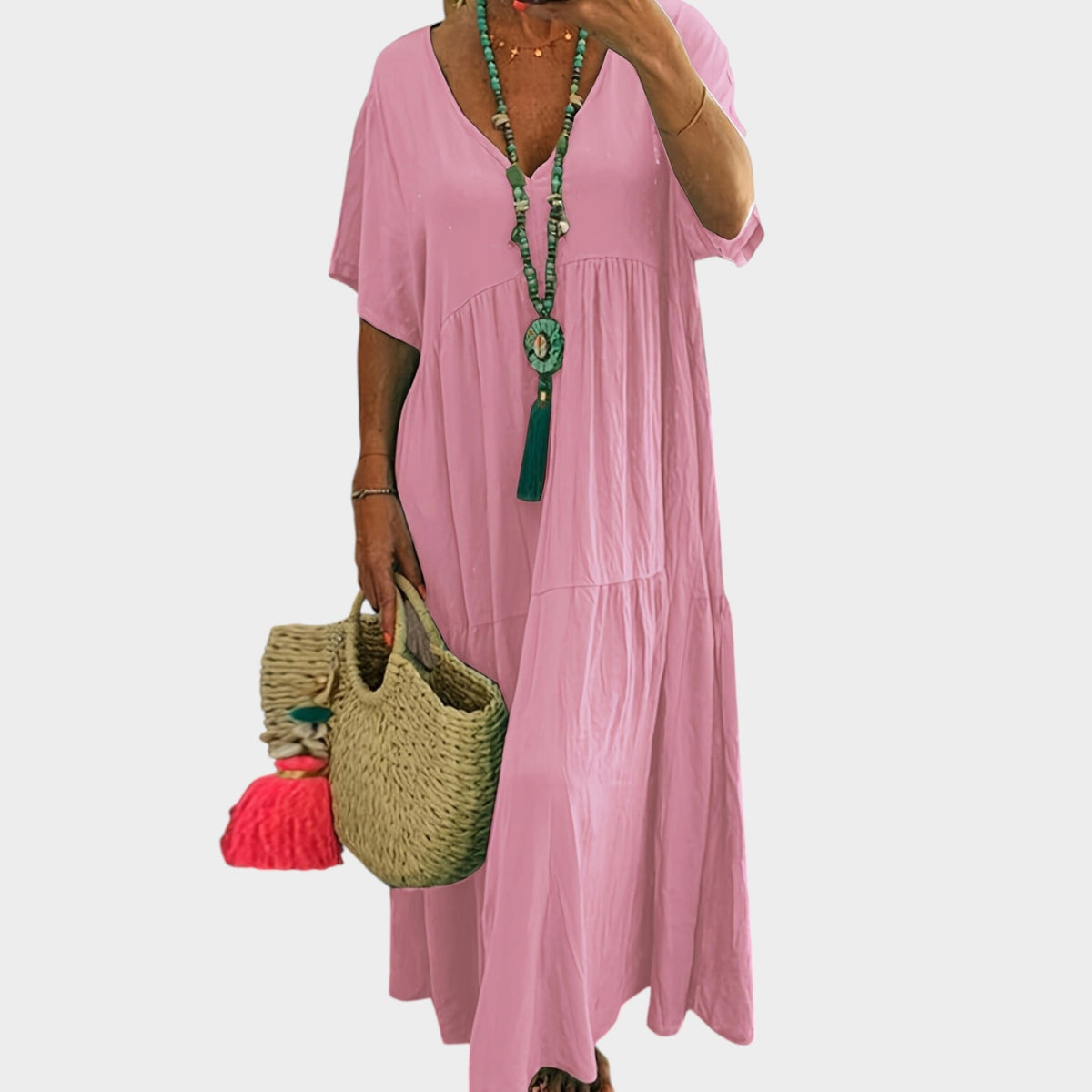 Women’s Tiered Maxi Dress with V-Neck and Short Sleeves
