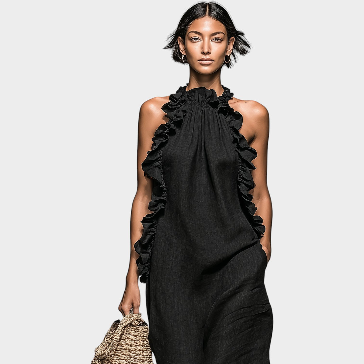 Women’s Sleeveless Maxi Dress with Ruffle Details and High Neckline