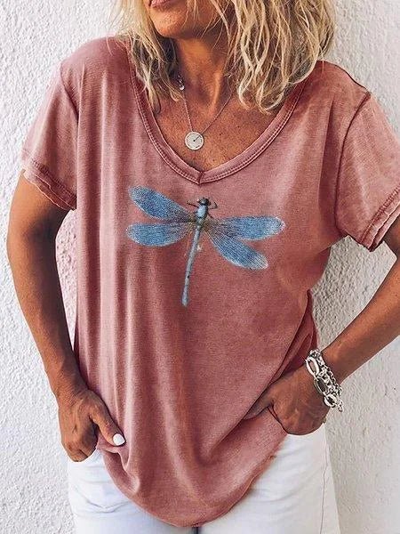 Luna | Women's Casual V-Neck Tee with Dragonfly Print - Short Sleeve
