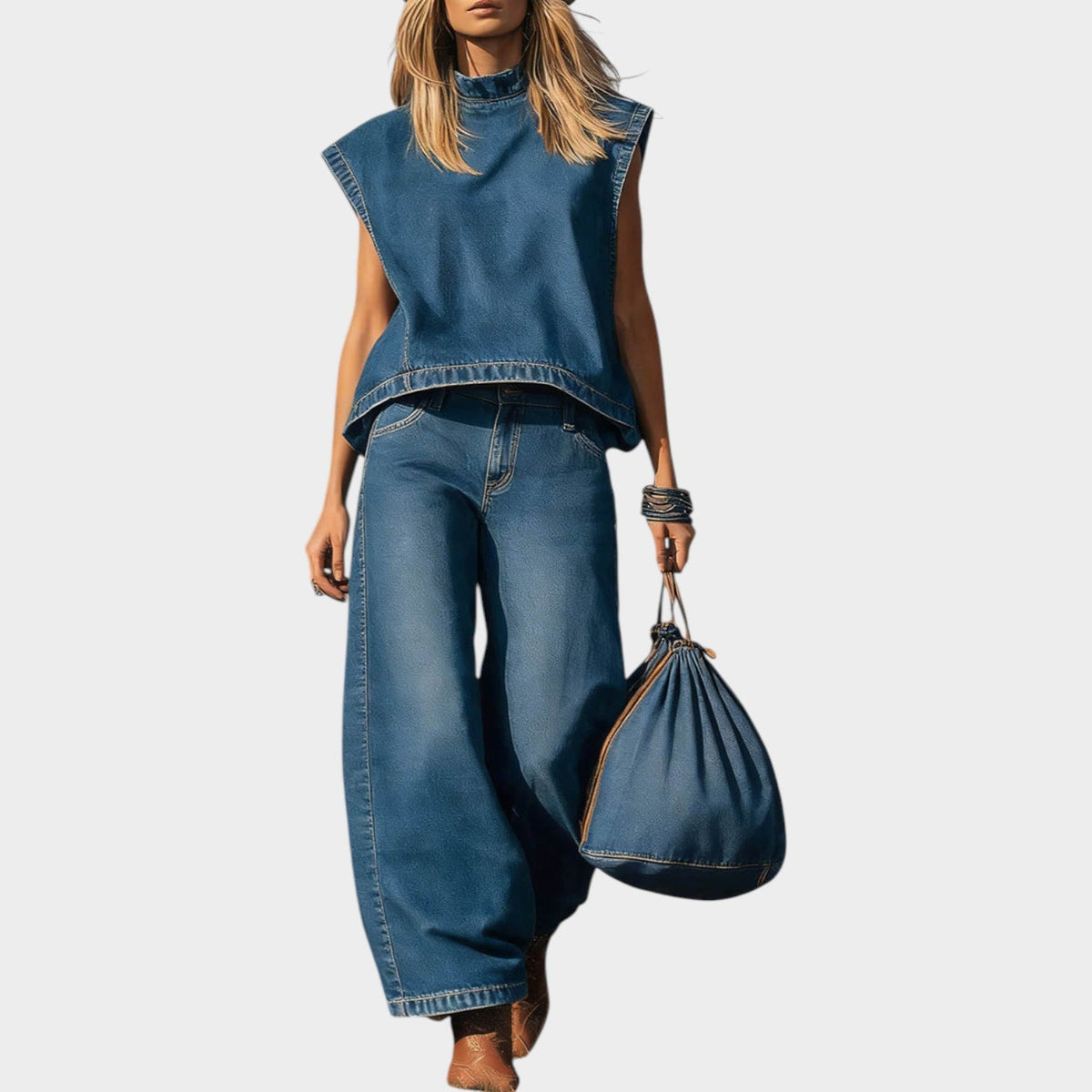 Women's Denim Sleeveless Two Piece Matching Set
