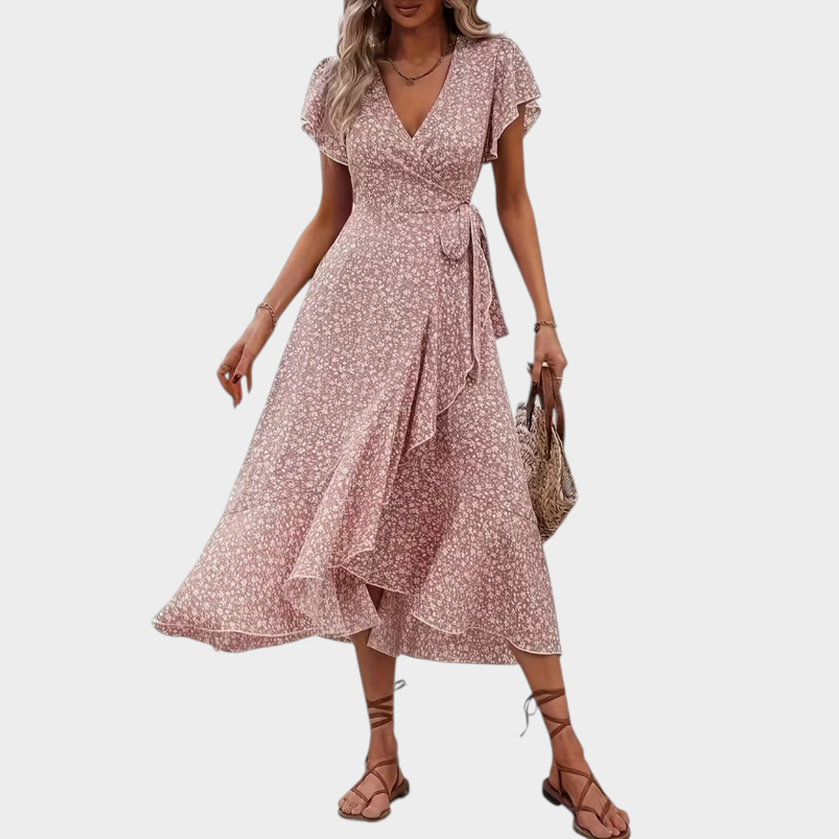 Women’s Floral Wrap Midi Dress with V-Neckline Short Sleeves